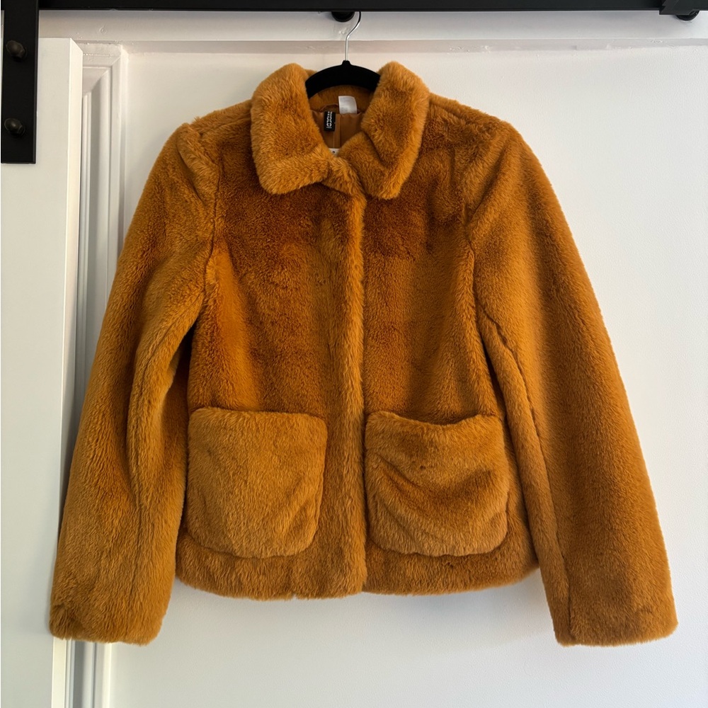 H&M Divided Faux Fur Jacket in Brown/Dark Mustard